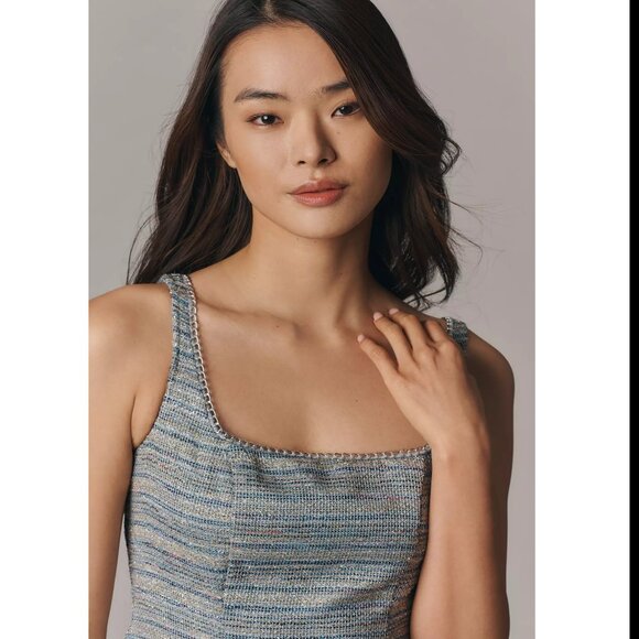 By Anthropologie Sleeveless Square-Neck Tweed Fit & Flare Mini Dress 6 - Picture 3 of 7